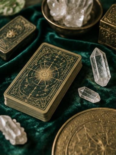 Cartas de tarô e cristais sobre veludo verde