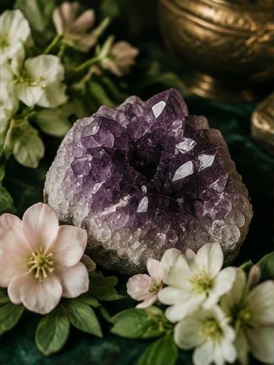 Ametista e flores em uma composição espiritual