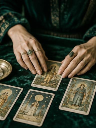 Leitura atenta de cartas em uma mesa espiritual