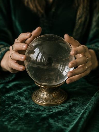 Mãos em volta de uma esfera de cristal