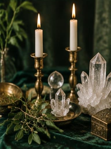 Mesa espiritual com cristais e velas